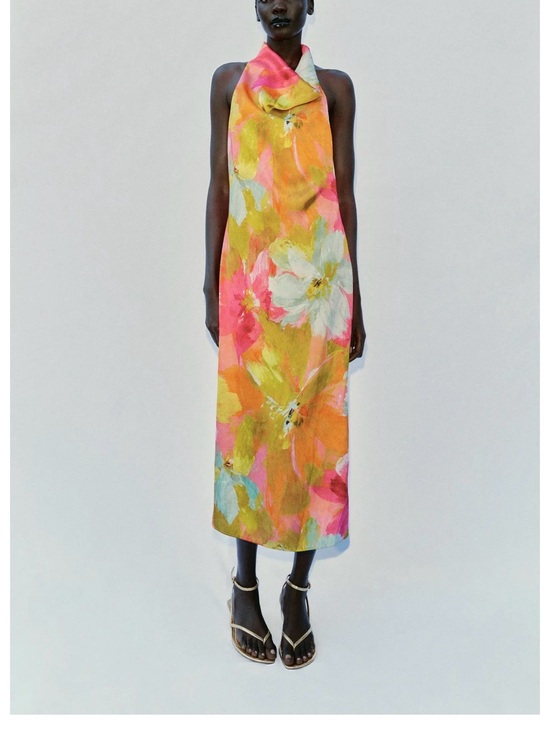 Zara Dresses & Skirts - Zara Floral Halter Midi Dress in Yellow and Pink
